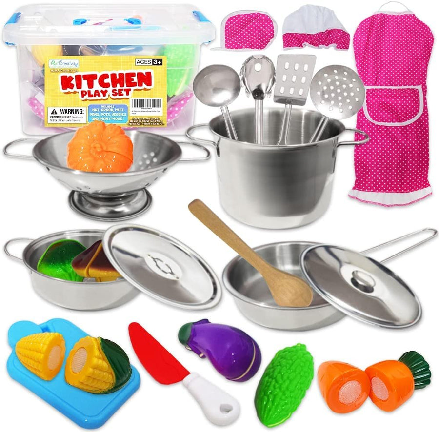Pretend Play Kitchen Set for Kids, 23-Piece Kids’ Kitchen Playset with Pots, Pans, Chef Hat, Apron, Utensils, Knife Toy, Pretend Play Food, & More, Kids’ Kitchen Playset for Hours of Fun
