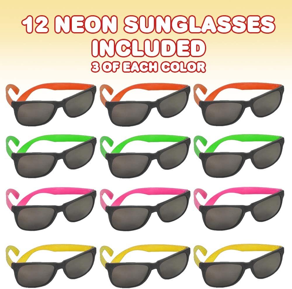 Neon Sunglasses for Kids, Set of 12, Bright Assorted Colors, Cool Birthday and Pool Party Favors for Boys and Girls, Fun Dress-Up Accessories, Goodie Bag Fillers
