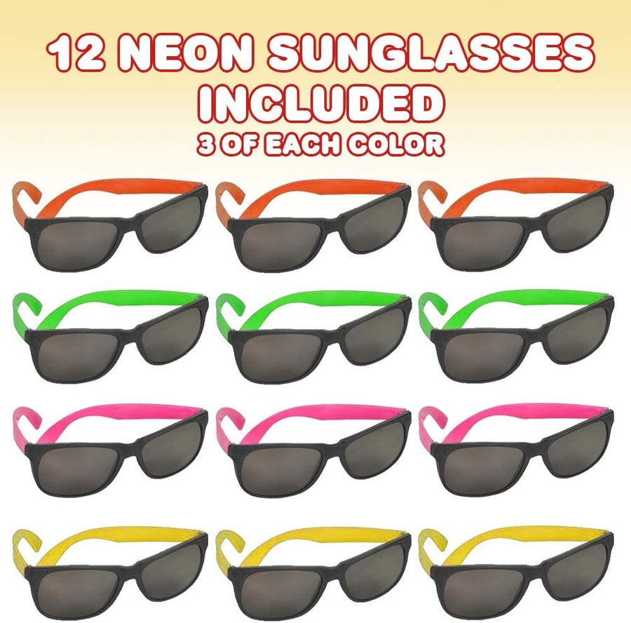 Neon Sunglasses for Kids, Set of 12, Bright Assorted Colors, Cool Birthday and Pool Party Favors for Boys and Girls, Fun Dress-Up Accessories, Goodie Bag Fillers