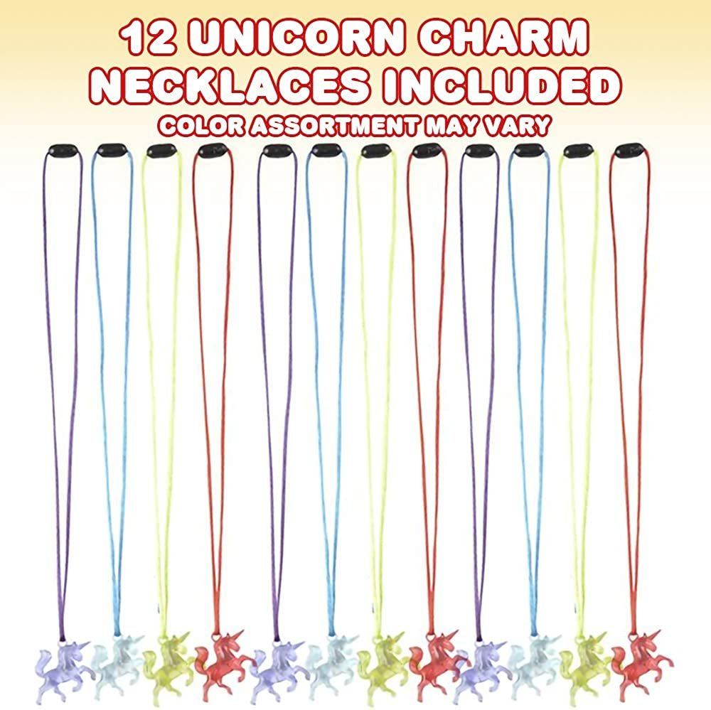 Unicorn Charm Necklaces for Kids, Set of 12, Cute Toy Jewelry for Girls with Translucent Pendant, Unicorn Party Favors for Children, Pretty Goodie Bag Fillers, Assorted Colors