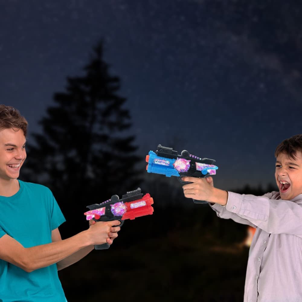 Light Up Toy Guns for Kids, Set of 2, Red and Blue Space Blasters with Flashing LEDs and Sound Effects, Cool Futuristic Toy Guns for Boys and Girls, Batteries Included