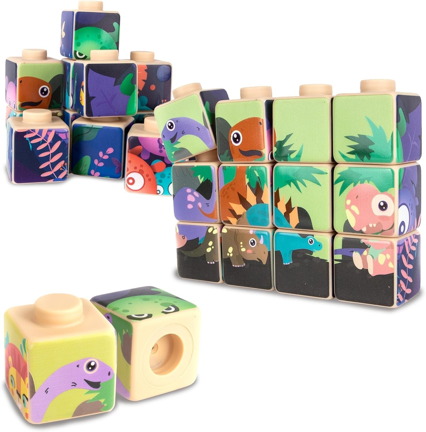 Silicone Picture Puzzle Blocks for Kids, 12 Stacking Blocks with Four Different Pictures Printed on The Sides, 2" Soft Toy Building Blocks for Toddlers