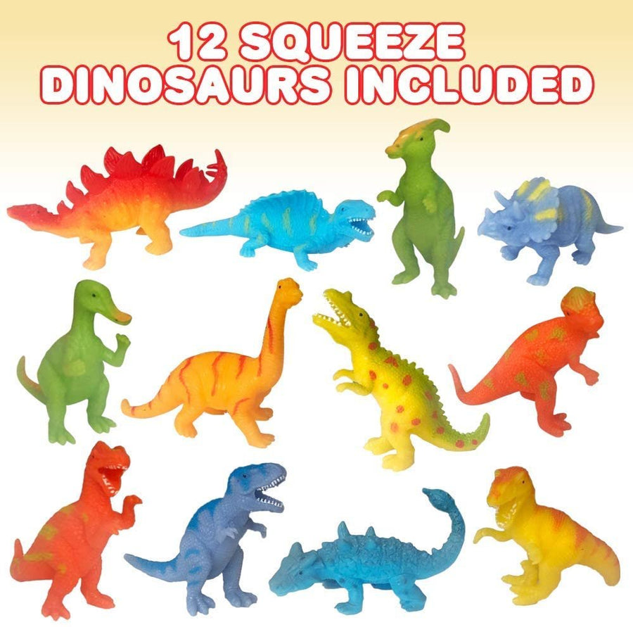 Squeeze Stretch Dinosaurs, Set of 12, Super Squeezable Mini Dino Toy Figurines in Assorted Designs, Stress Relief Sensory Toys for Children, Best Dinosaur Party Favors for Boys and Girls