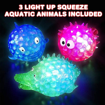 ArtCreativity Light Up Squeezy Bead Aquatic Animals, Set of 3, Flashing Squeezing Stress Relief Toys Filled with Water Beads, Calming Sensory Toys for Autism, ADHD, Underwater Party Favors for Kids
