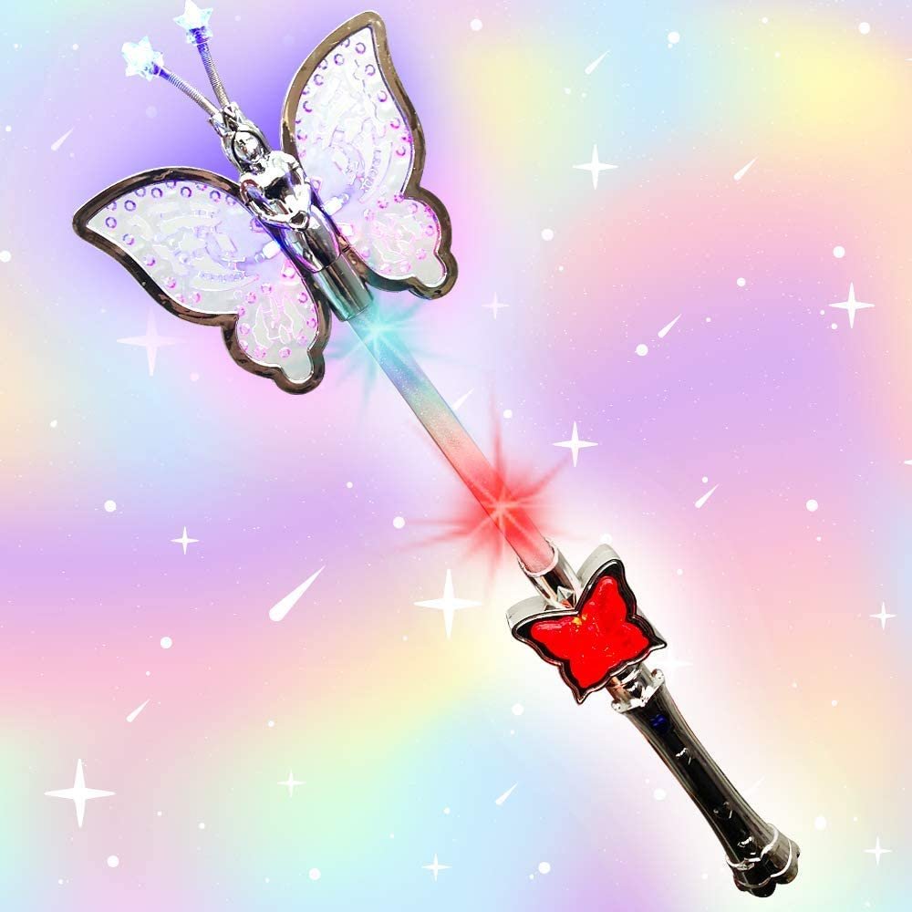 Multi-Color Spinning Butterfly Baton with LED Handle | 16” Light Up Butterfly Wand for kids | Fun Pretend Play Prop | Batteries Included | Best Birthday Gift for Boys and Girls