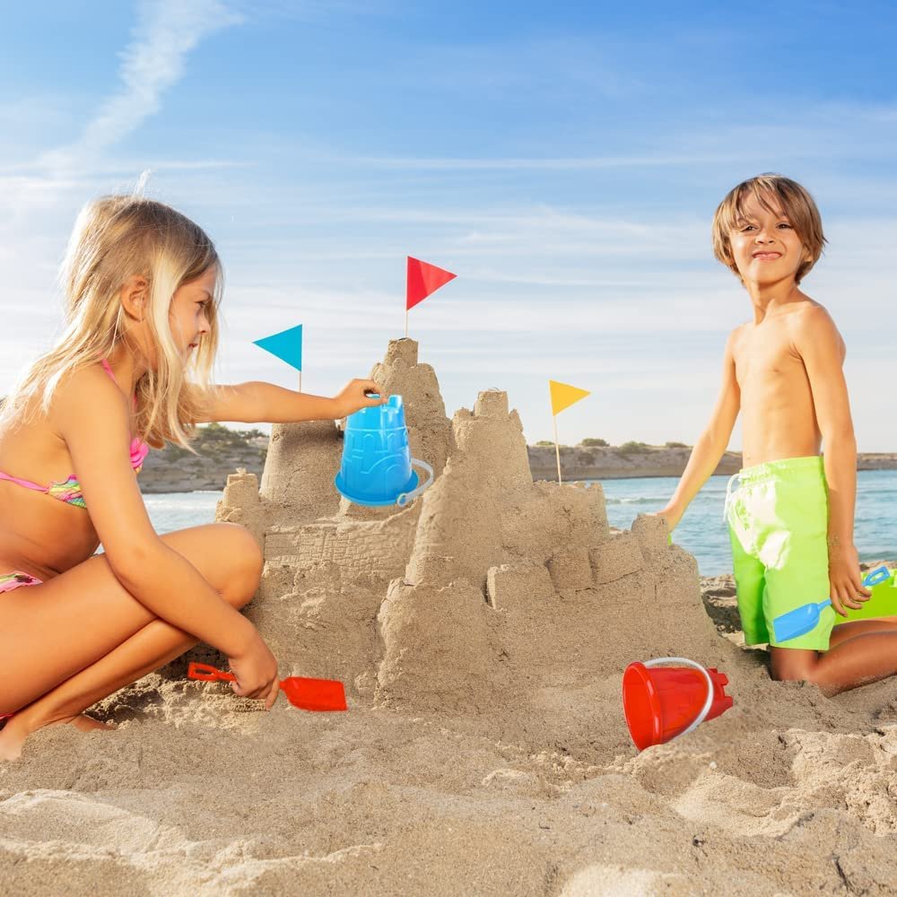6" Beach Sand Pail and Shovel Set - Includes 2 Sand Shovels and 2 Pail Buckets with a Sand Castle Design Inside - Sandcastle Building Toys, Fun Summer Sand Toys for Boys and Girls