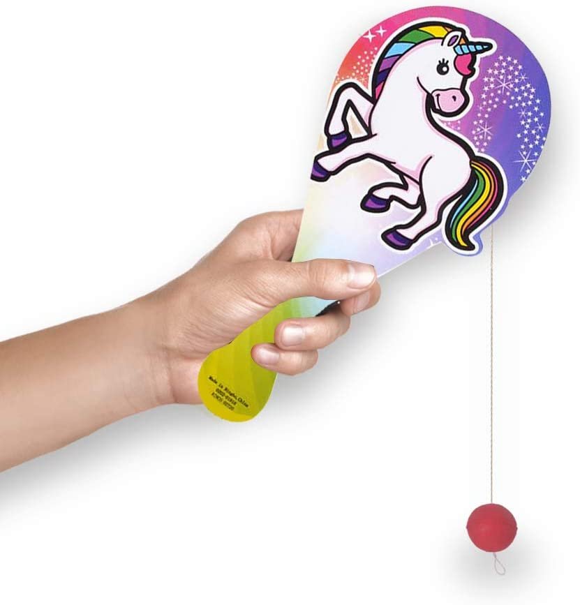 Unicorn Paddle Balls, Pack of 12, Cute 9" Wooden Paddleball with String, Assorted Designs, Great Party Favors, Goodie Bag Fillers, Fun Activity Toys for Kids