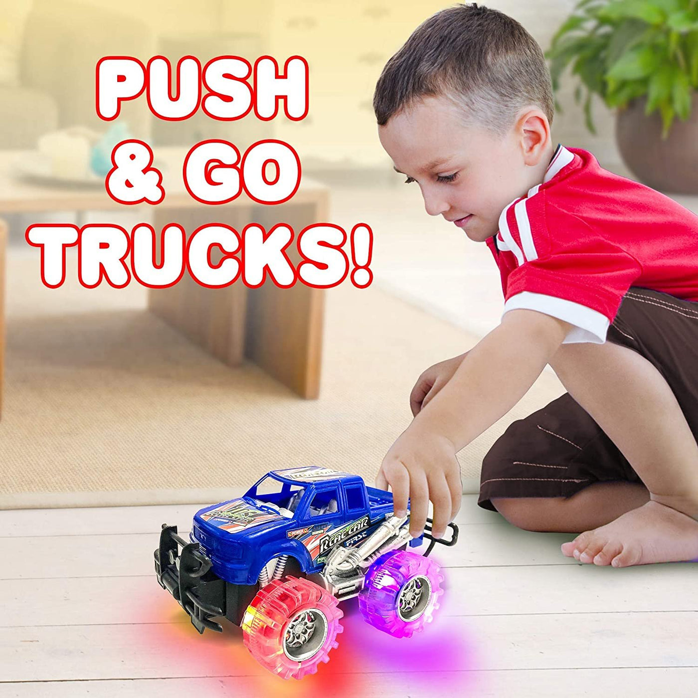 4 Light Up Monster Trucks - 6" Push-n-go Monster Trucks with Flashing LED Tires - Set of 4