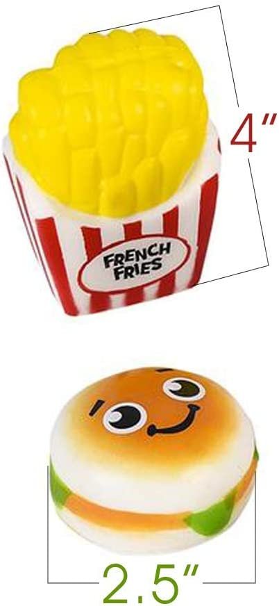 Fast Food Squeeze Toys for Kids, Set of 4, Includes 2 Fries and 2 Burgers, Scented Slow-Rise Stress Toys for Adults, Play Food for Children, Themed Party Favors for Boys and Girls