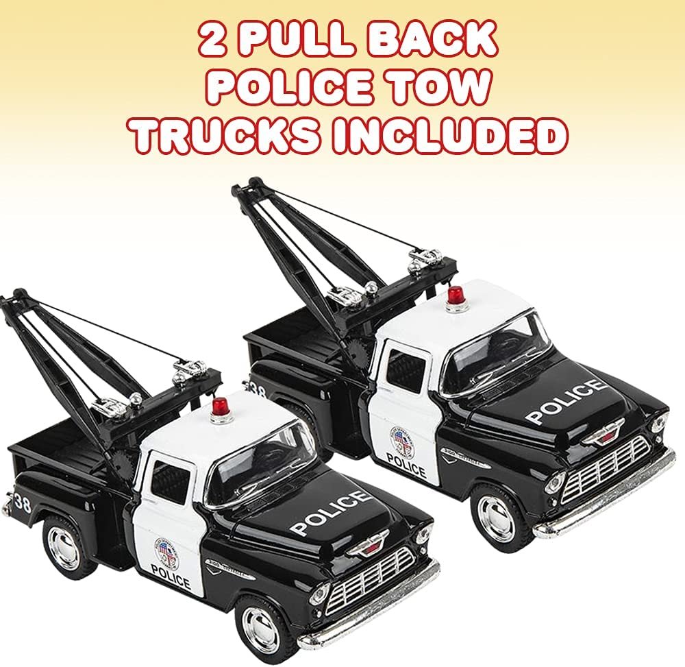 Pull Back Police Tow Truck Toys, Set of 2, Diecast Police Toy Cars with Pullback Motion and Opening Doors, Police Birthday Party Favors, Classroom Prizes, Goody Bag Fillers for Kids