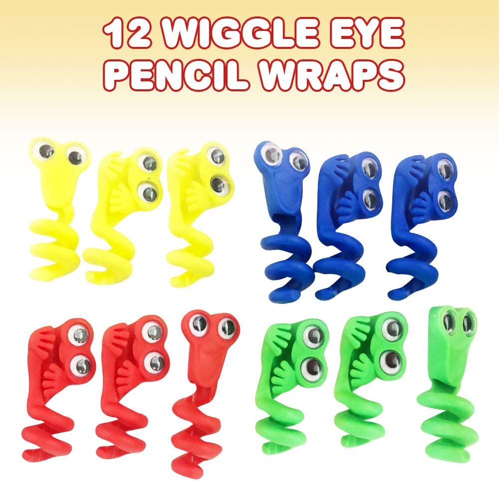 Wiggly Eye Pencil Wraps for Kids, Set of 12, Cute School Supplies, Classroom Prize Bin Toys, Teacher Rewards, and Back to School Gifts, Stationery Party Favors for Boys Girls