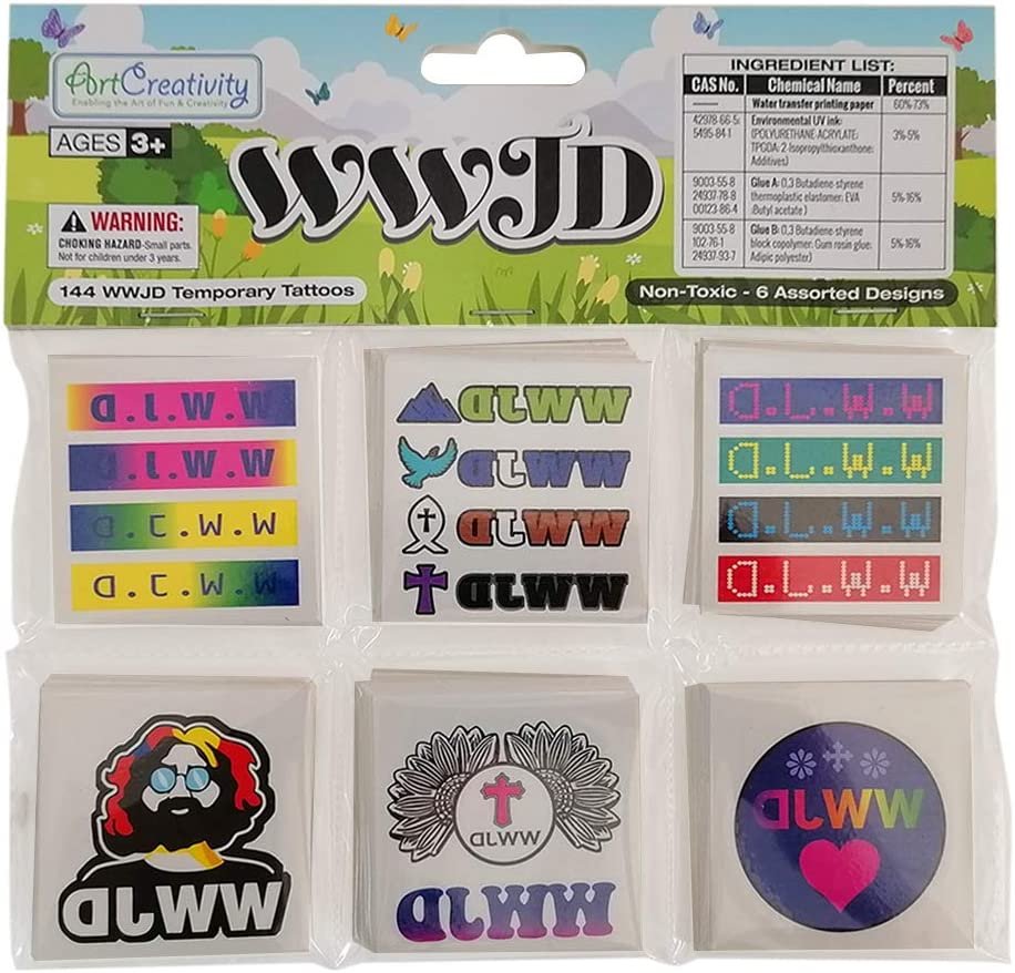 ArtCreativity WWJD Temporary Tattoos for Kids - Bulk Pack of 144 - 2 Inch Non-Toxic Tats Stickers for Boys and Girls, Birthday Party Favors, Goodie Bag Fillers, Non-Candy Halloween Treats