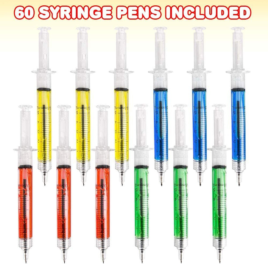 Syringe Pens for Kids - Bulk Pack of 60 - Retractable Fun Assorted Color Pens for Nurse Party Favors, Goodie Bag Fillers, Cool Nursing Student School Supplies - for Boys and Girls