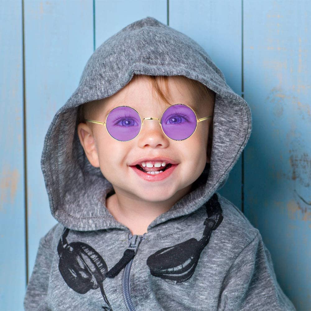 Round Colored Glasses - Pack of 3 - Hippy Style Circle Shades with Gold Frame - Vintage Glasses for 60s Hippie Costume, Disco Party, for Boys and Girls - Blue, Pink, and Purple