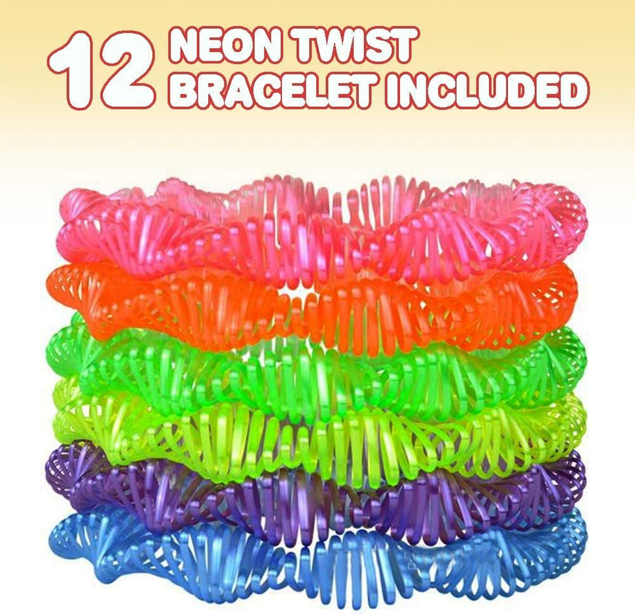 Neon Twist Coil Bracelets - Pack of 12 - Cool Spiral Plastic Bracelets in Assorted Neon Colors - Fun Party Favor, Carnival Prize, Goodie Bag Fillers, for kids and adults