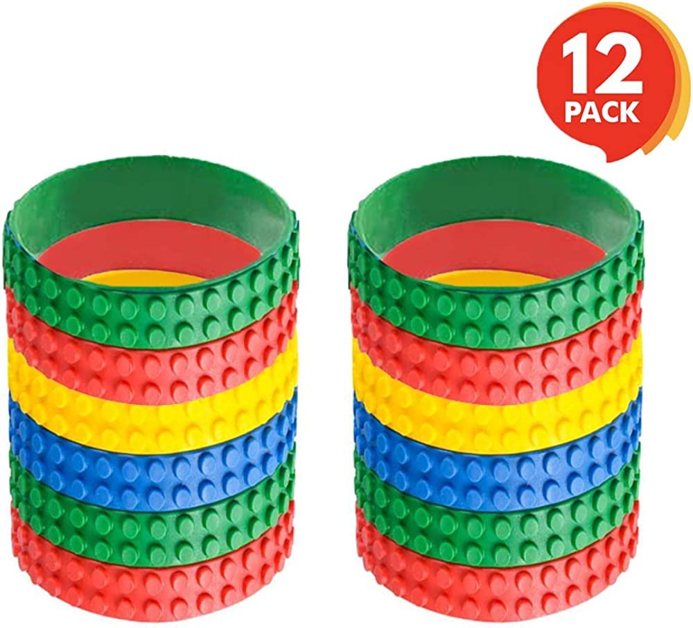 7.5" Building Block Bracelets for Kids - 12 Pack - Colorful Stretchy Rubber Wristbands for Boys and Girls - Fun Birthday Party Favors for Children, Goodie Bag Fillers, Carnival Prize