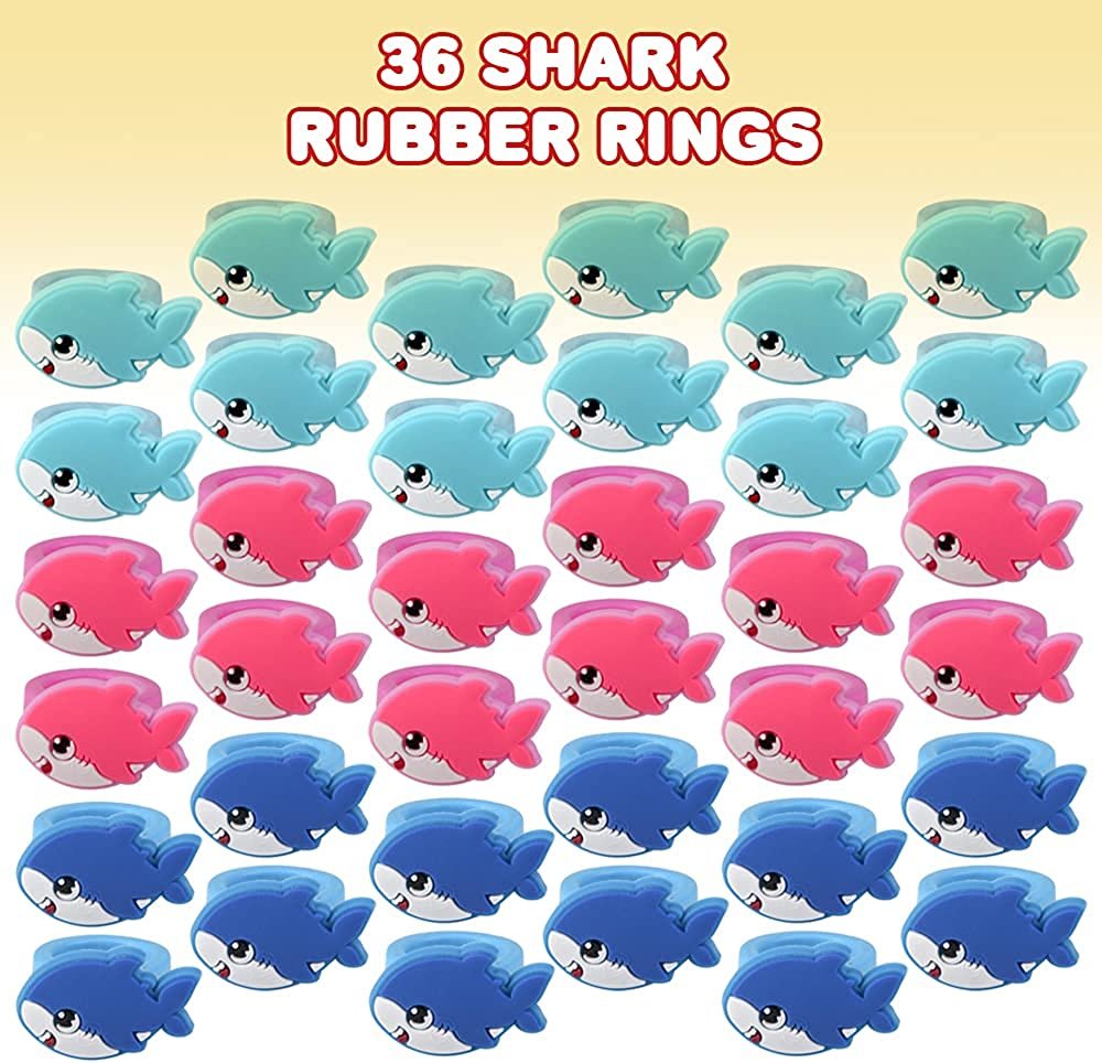 ArtCreativity Shark Pup Rubber Rings, Set of 36, Adorable Jewelry for Little Girls and Boys, Fun Assorted Colors, Skin-Safe Silicon, Ocean Life Party Favors, Goodie Bag Fillers