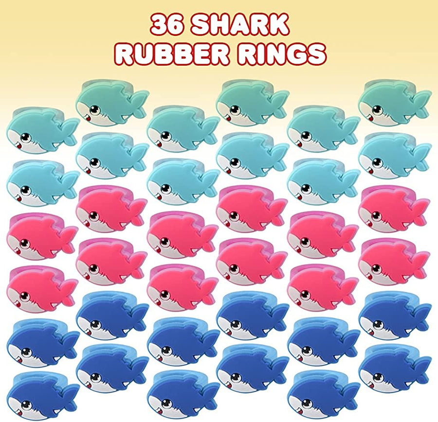 Shark Pup Rubber Rings, Set of 36, Adorable Jewelry for Little Girls and Boys, Fun Assorted Colors, Skin-Safe Silicon, Ocean Life Party Favors, Goodie Bag Fillers