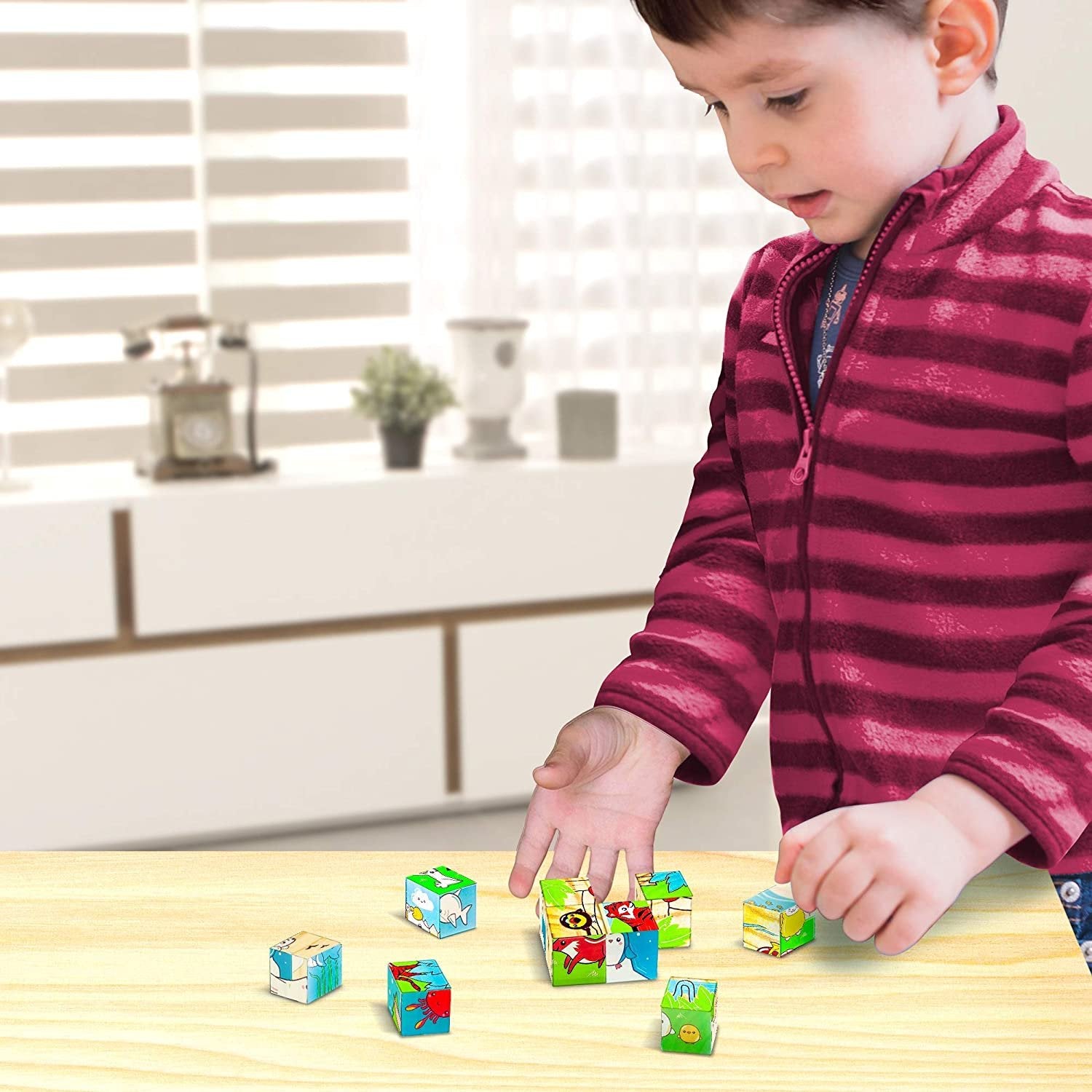 Gamie 6 in 1 Wooden Blocks Puzzle for Kids, Wood Animal Puzzle with 6 Nature Scenes, Fun Children’s Educational Learning Toy, Great Gift Idea for Boys and Girls