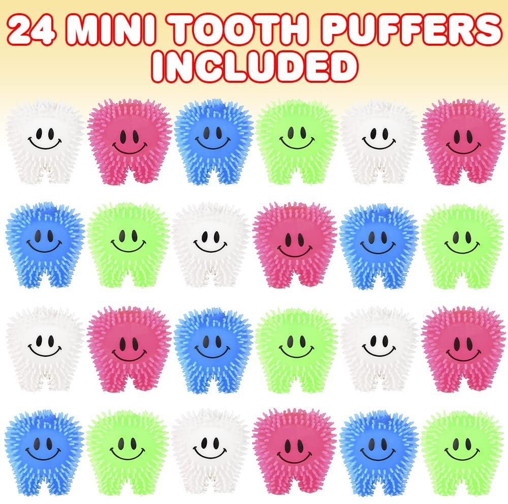 Mini Tooth Puffers, Set of 24, Squeezy Toys for Kids with Soft Spikes, Sensory Fidget Toys for Stress Relief in Assorted Colors, Goodie Bag Stuffers, and Dentist Office Giveaways