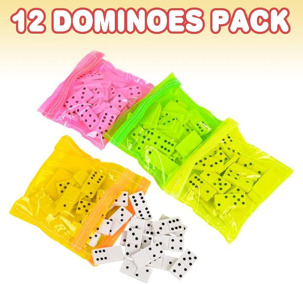 ArtCreativity Domino Game Set - Pack of 12 - Each Domino Set Includes 28 Pieces Per Neon Pink, Yellow, Green and Orange Bags - Great School, Carnival Prizes - Awesome Party Favor - Fun Game for Kids