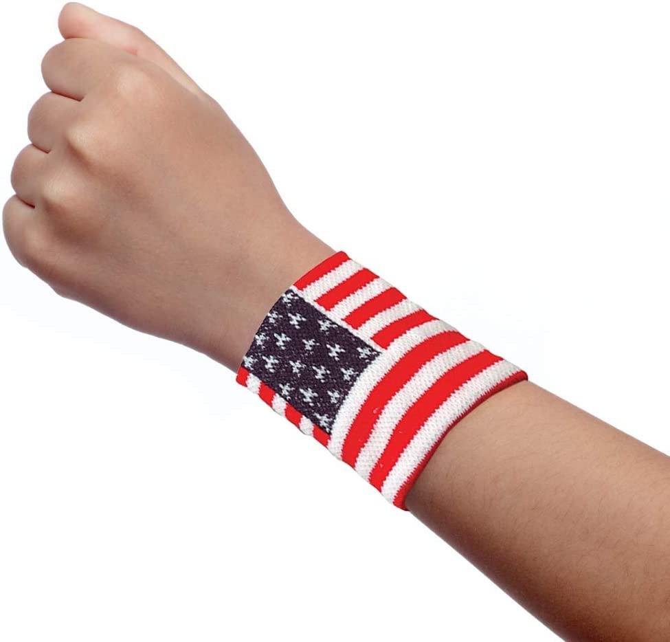 American Flag Wrist Sweatbands, Set of 2, USA Flag 4th of July Party Favors, Red, White and Blue Wristbands, Patriotic Costume Accessories for Veterans, Memorial, and Independence Day