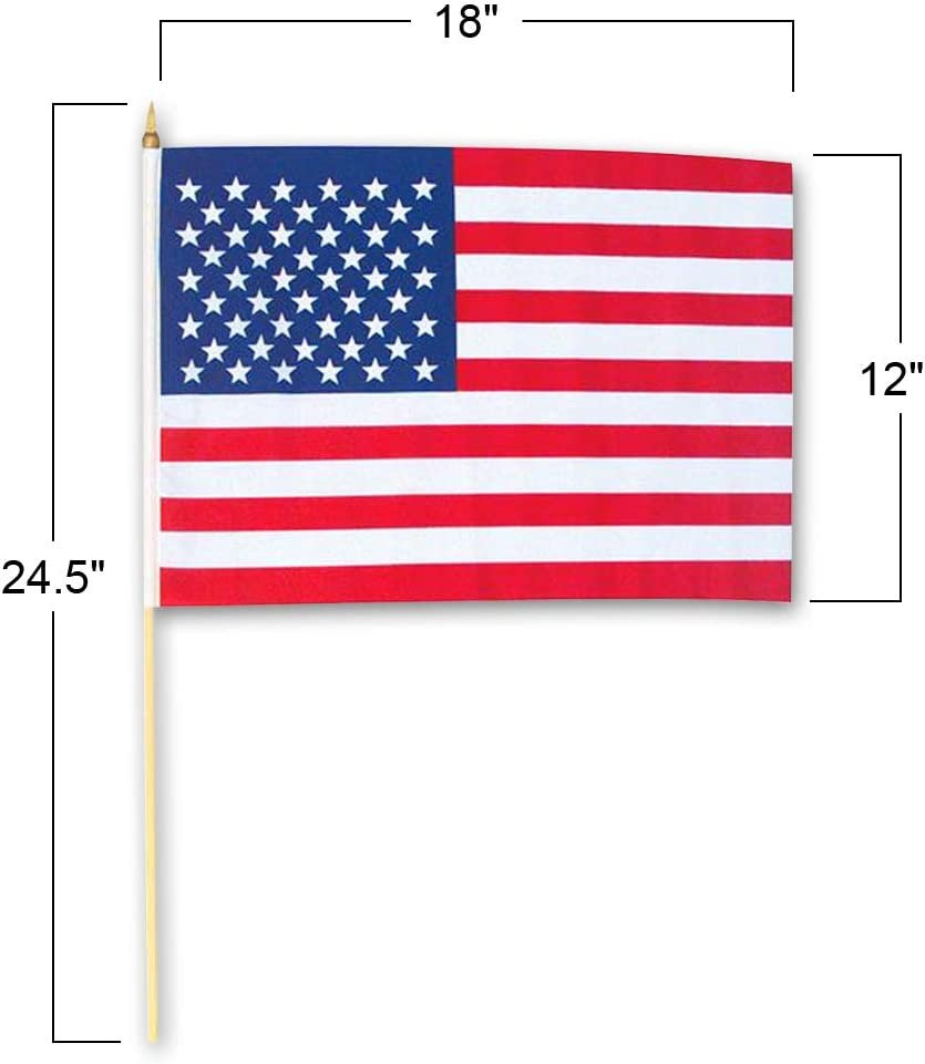 12 x 18" USA American Flags on Stick, Pack of 12, Independence Day Fourth of July Decorations, Patriotic Party Favors, Memorial Day Grave Markers, Handheld US Flags