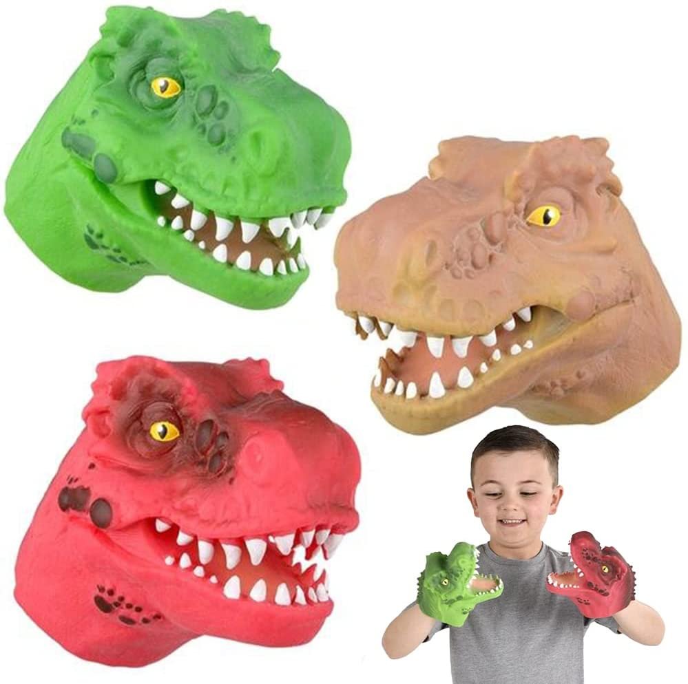 Rubber Dinosaur Hand Puppets for Kids, Set of 3, T-Rex Dinosaur Head Puppets in Assorted Colors, Interactive Dinosaur Toys for Boys and Girls, Dinosaur Party Favors
