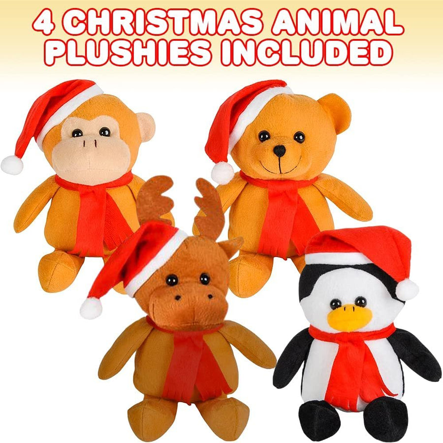 Plush Christmas Animal Assortment, Set of 4, Stuffed Holiday Toys in Assorted Designs, Includes Monkey, Bear, Reindeer, & Penguin Plush, Christmas Party Decorations and Favors for Kids