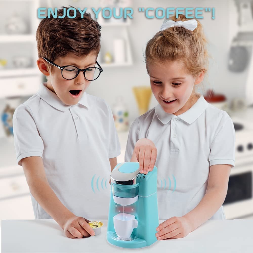Coffee Machine for Kids, Coffee Playset with 2 Pretend Pods and 1 Cup, Play Kitchen Accessories with Brewing Sound and Water Dripping, Kitchen Pretend Play Toys for Girls and Boys