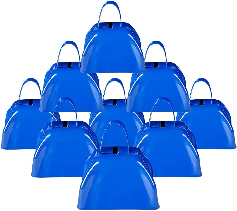 3" Blue Metal Cowbell Noisemakers - Pack of 12 - Loud Metal Cowbell Noise Makers with Handles, Great for Football Games, Sporting Events, New Year’s Eve, for Kids and Adults