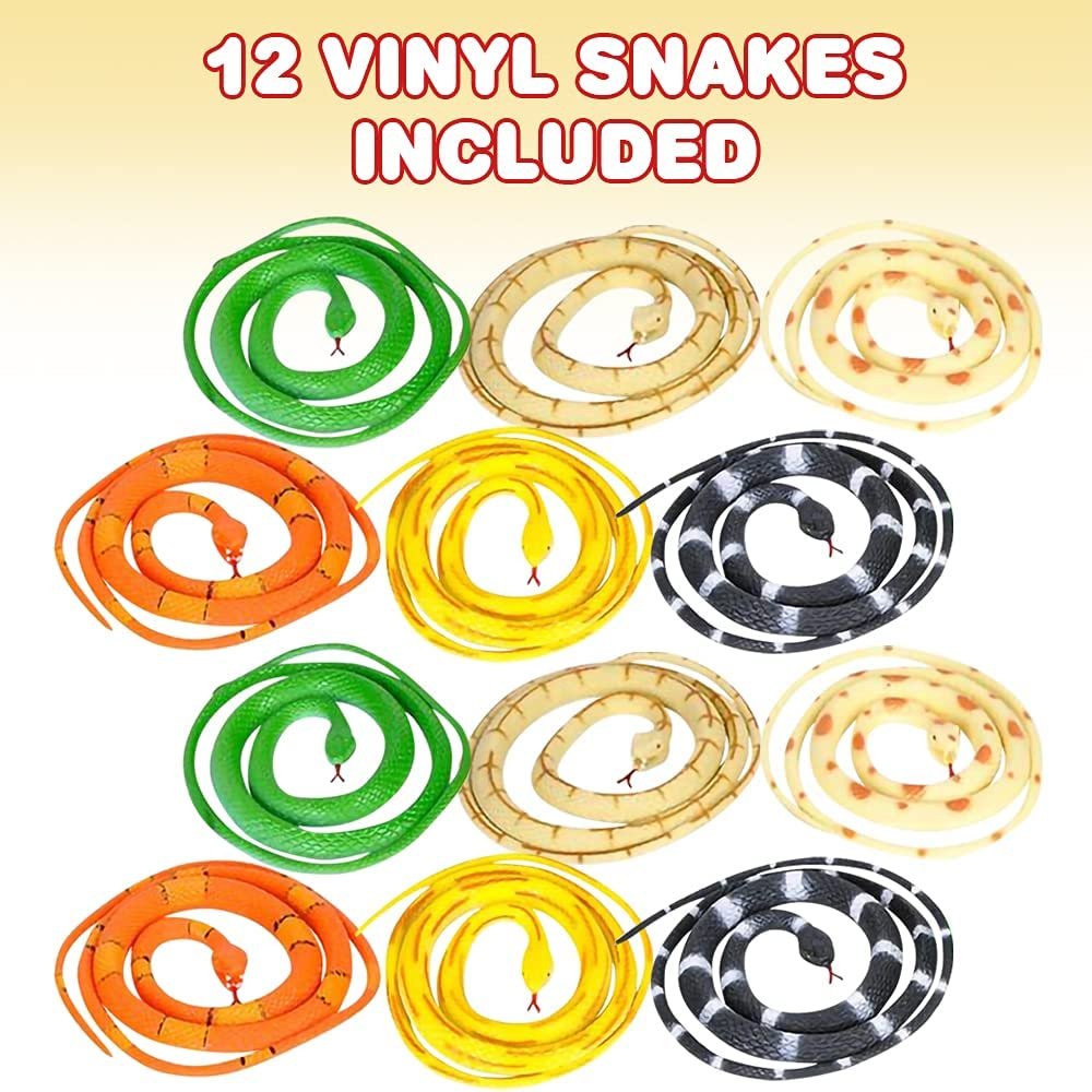 ArtCreativity Vinyl Snake Toys, Set of 12, Realistic-Looking Toy Snakes for Kids in Assorted Colors, Snake Prank Toys for Scary Gags, Unique Jungle Birthday Party Decorations, 36 Inches Long