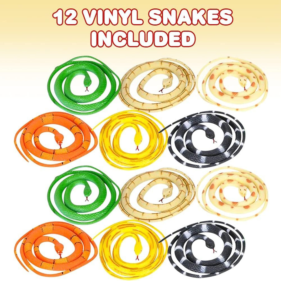 Vinyl Snake Toys, Set of 12, Realistic-Looking Toy Snakes for Kids in Assorted Colors, Snake Prank Toys for Scary Gags, Unique Jungle Birthday Party Decorations, 36"es Long
