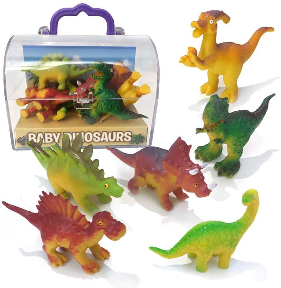 Baby Dinosaur Toys with Storage Chest, Set of 6 Mini Dinos in Assorted Designs and Colors, Fun Dinosaur Play Set for Boys and Girls, Best Dinosaur Birthday Gift for Kids