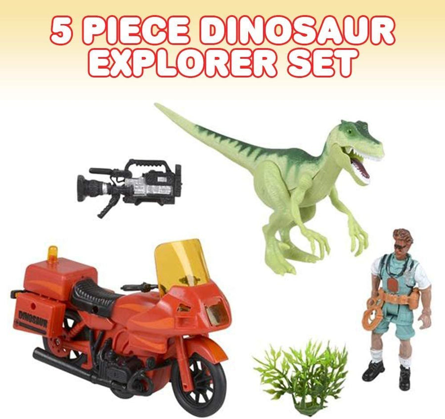 Dinosaur Play Set for Kids, Includes Action Figure, Dino Figurine, Camera, Tree, and Motorcycle, Cool Dinosaur Toys for Boys and Girls, Great Birthday Gift for Children