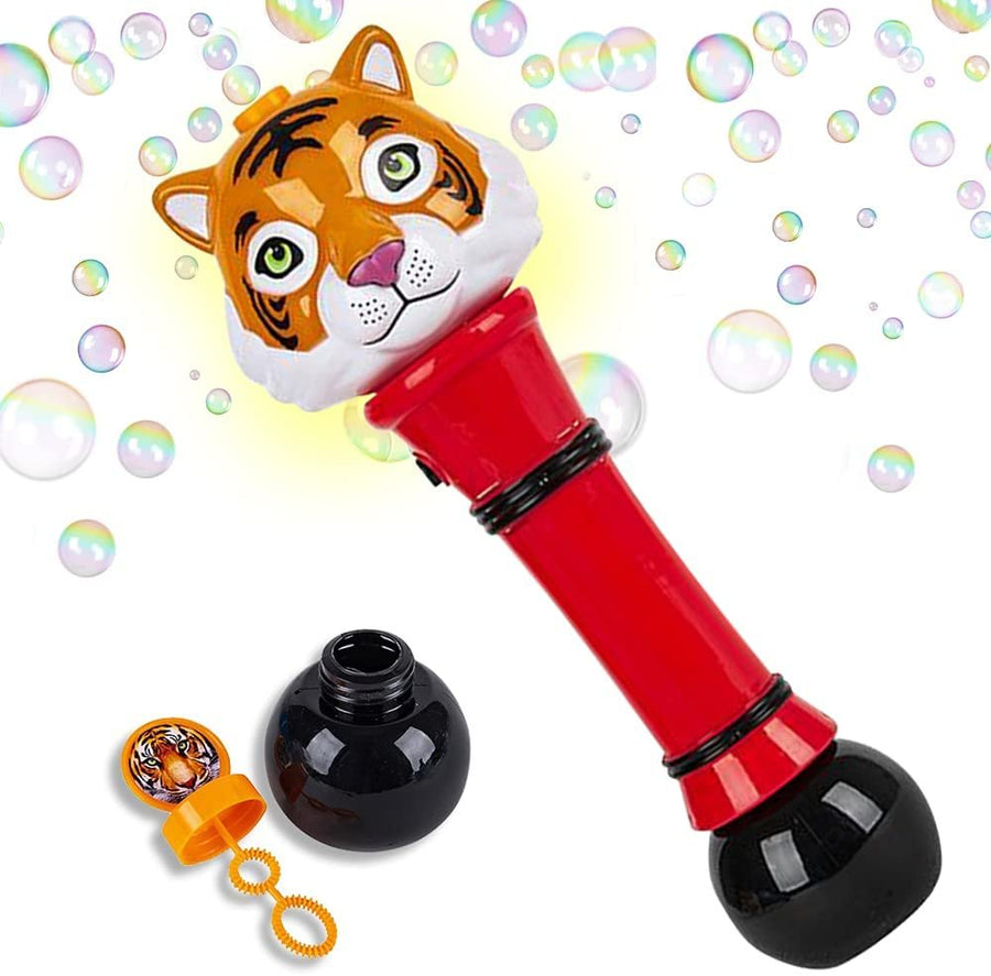 Light Up Tiger Bubble Blower Wand, 12" Illuminating Bubble Blower with Thrilling LED Effects for Kids, Batteries and Bubble Fluid Included, Great Gift Idea, Party Favor