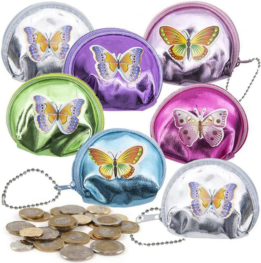 Butterfly Coin Purses, Set of 12, Small Zipper Coin Bags for Girls with Keychain Hooks, Cute Birthday Party Favors for Kids, Classroom Teacher Rewards, Goodie Bag Fillers, 6 Colors
