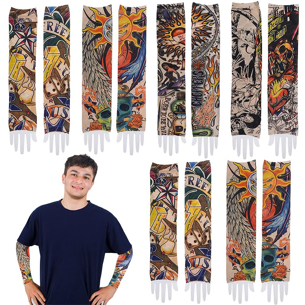 Vintage Print Tattoo Sleeves, 12 Pairs, Fake Tattoos for Kids and Adults, Temporary Tattoo Arm Sleeves Made of Soft Fabric, Rockstar Halloween Costume Accessories for Boys and Girls