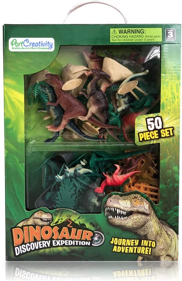 50 Piece Dinosaur Play Set, Dino Playset with Various Dinosaurs, Trees, Rocks, Fence, and Play Mat, Dinosaur Toys Box Set for Boys and Girls, Best Dinosaur Birthday Gift for Kids