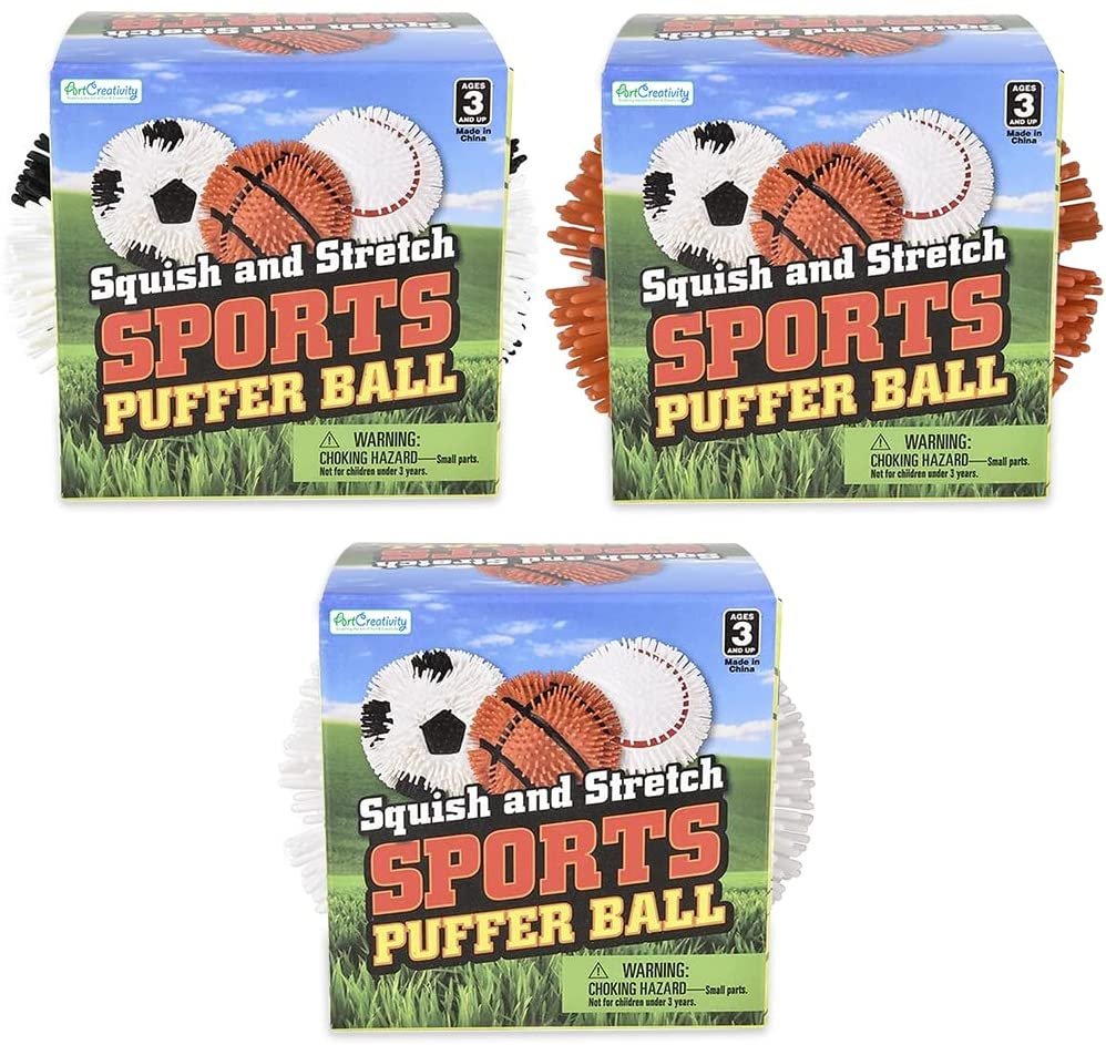 Squishy Sports Puffer Stress Balls, Set of 3, Stress Relief Fidget Sensory Toys for Autistic Children and Anxiety, Sports Party Favors in Baseball, Basketball, and Soccer Ball Designs