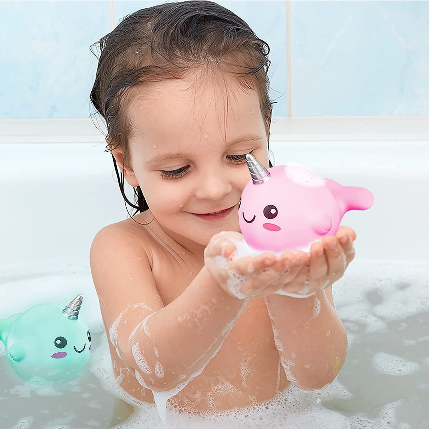 Light Up Narwhal Bath Toys for Kids, Set of 2, Cute Bathtub Toys with Fun LEDs, Bath Tub Toys for Boys and Girls, Cool Narwhal Birthday Party Favors, Goodie Bag Fillers for Children