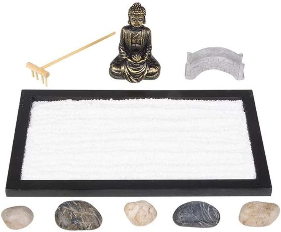 Mini Zen Garden with Buddha Statue, Rake, Sand, Bridge and Rocks - 11" x 6.5" - Home, Office Desk, and Living Room Table Top Decor - Stress Reliever, Meditation, Relaxation Gift