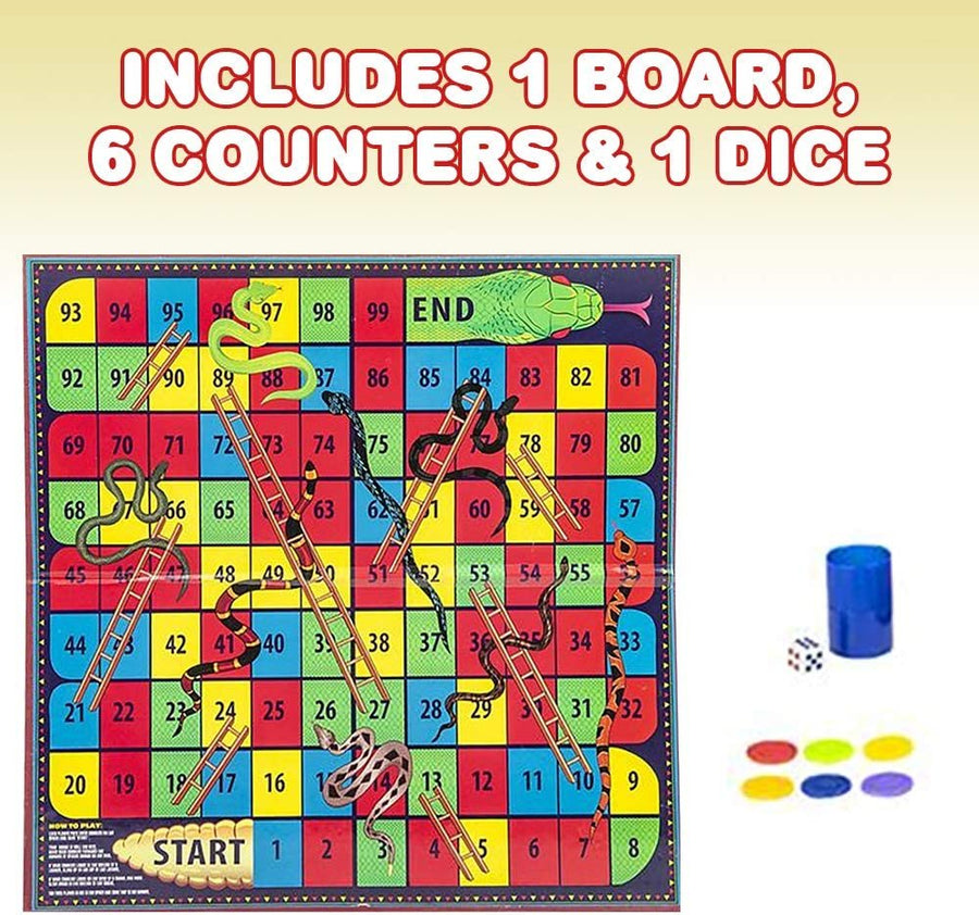 Gamie Snakes and Ladders Board Game for Kids, Complete Set with Board, 6 Pegs, and Dice, Classic Fun for Family Game Night and Classroom, Best Birthday Gift Idea for Boys and Girls