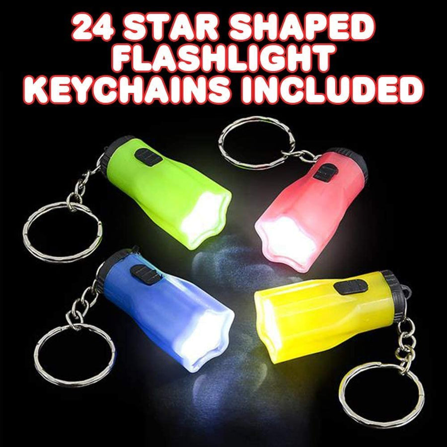 Star Shaped Flashlight Keychains, Pack of 24, LED Key Chains in Assorted Colors, 1.5" Durable Plastic Keyholders, Birthday Party Favors, Goodie Bag Fillers for Kids