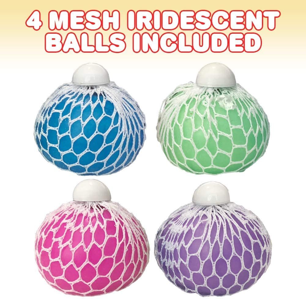 Mesh Squeeze Iridescent Balls for Kids, Set of 4, Squeeze Toys in Assorted Colors for Anxiety Relief & ADHD - Birthday Party Favors, Goodie Bag Fillers, Treasure Box Prizes for Classroom