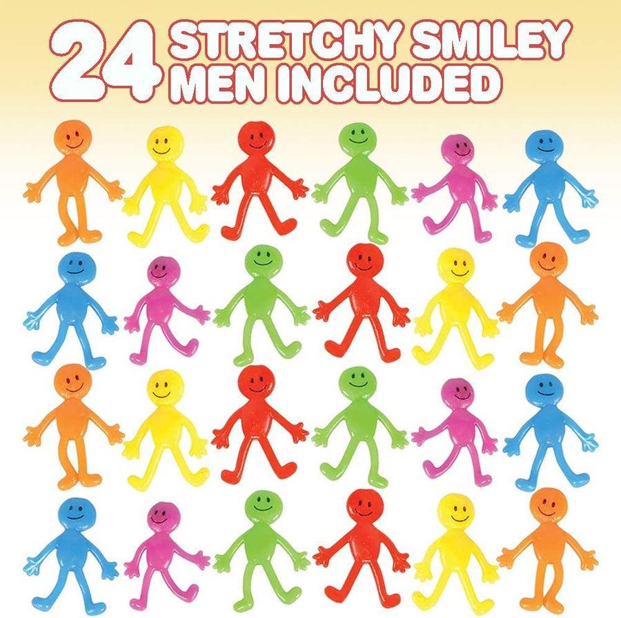 Stretchy Smile Face Men - Bulk Pack of 24 - Stress Relief Fidgeting Toys for Kids and-Adults, 5 Vibrant Colors, Sensory Toys for Autism and ADHD, Fun Birthday Party Favors for Children