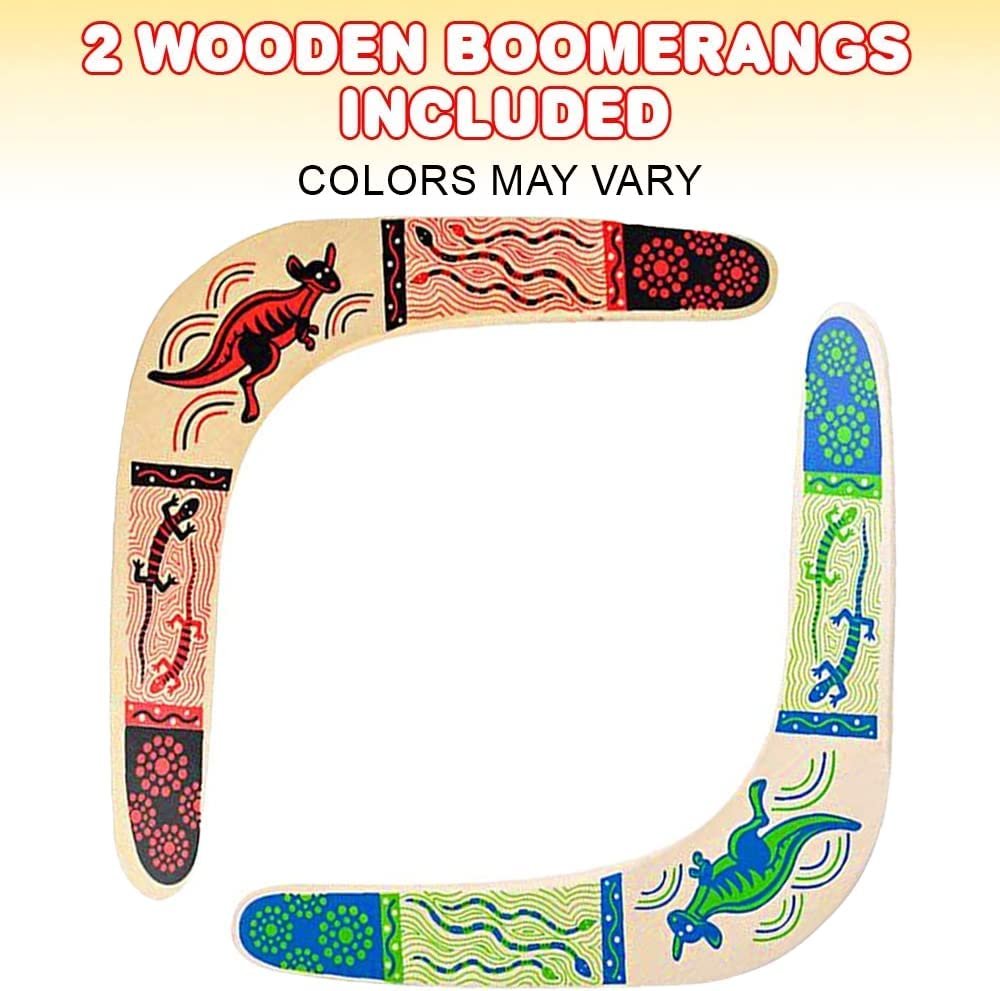 Wooden Boomerangs, Set of 2, Classic Returning Boomerangs with Colorful Artwork, Fun Outdoor Toys for Camping, Backyard, Picnic, Best Gift Idea for Boys and Girls- Colors May Vary