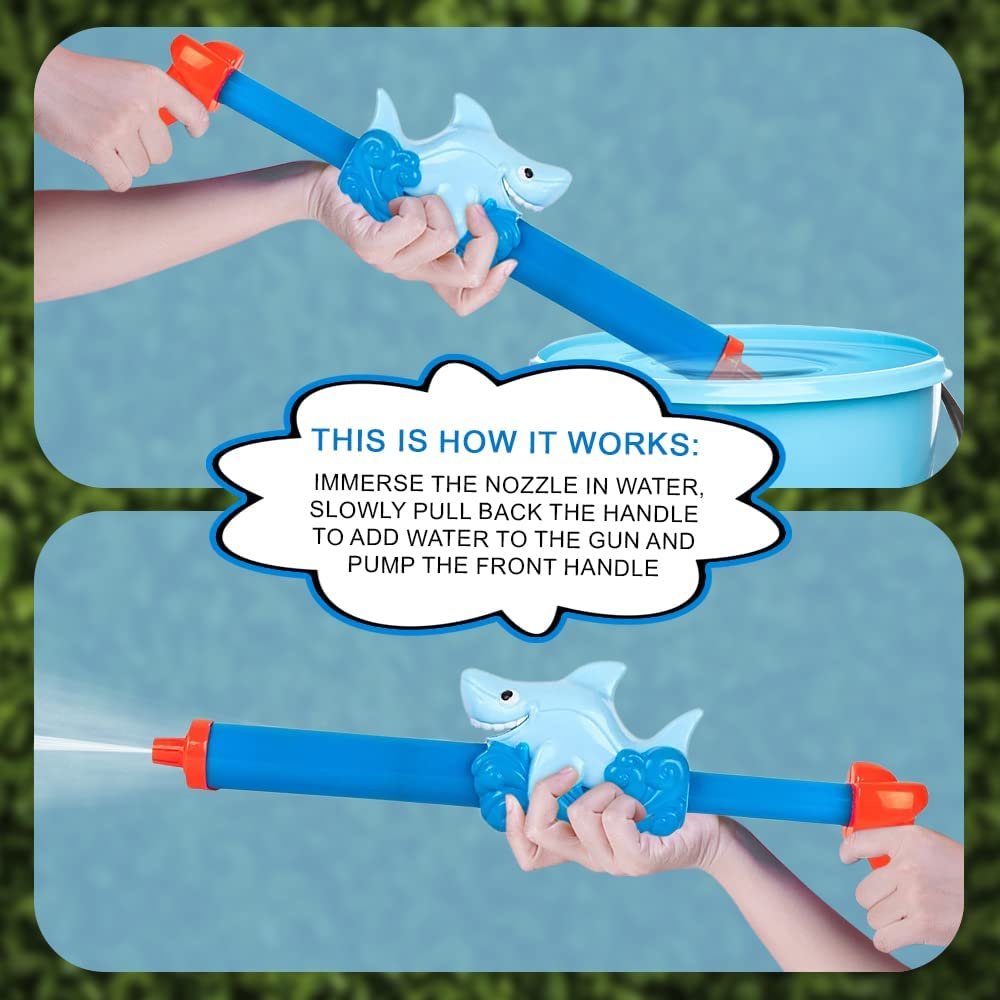 ArtCreativity Shark Water Blasters for Kids, Set of 2, 15.75 Inch Pump Action Water Squirter Toys for Swimming Pool, Beach, and Outdoor Summer Fun, Cool Birthday Party Favors for Boys and Girls