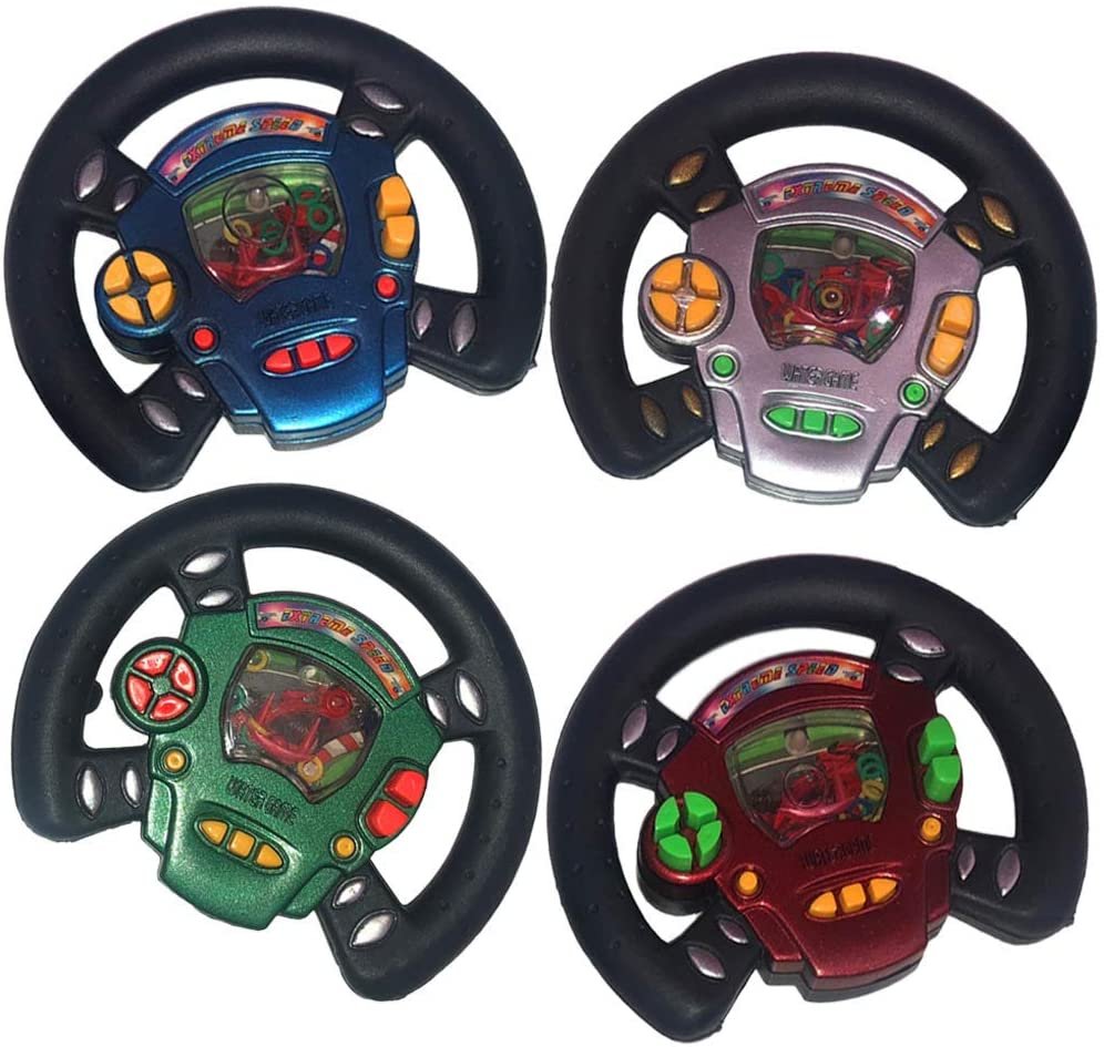 Race Car Wheel Water Ring Game, Set of 4, Handheld Steering Game for Kids, Fun Pretend Play Toys, Race Car Birthday Party Favors for Children, Travel Road Trip Toys for Boys and Girls
