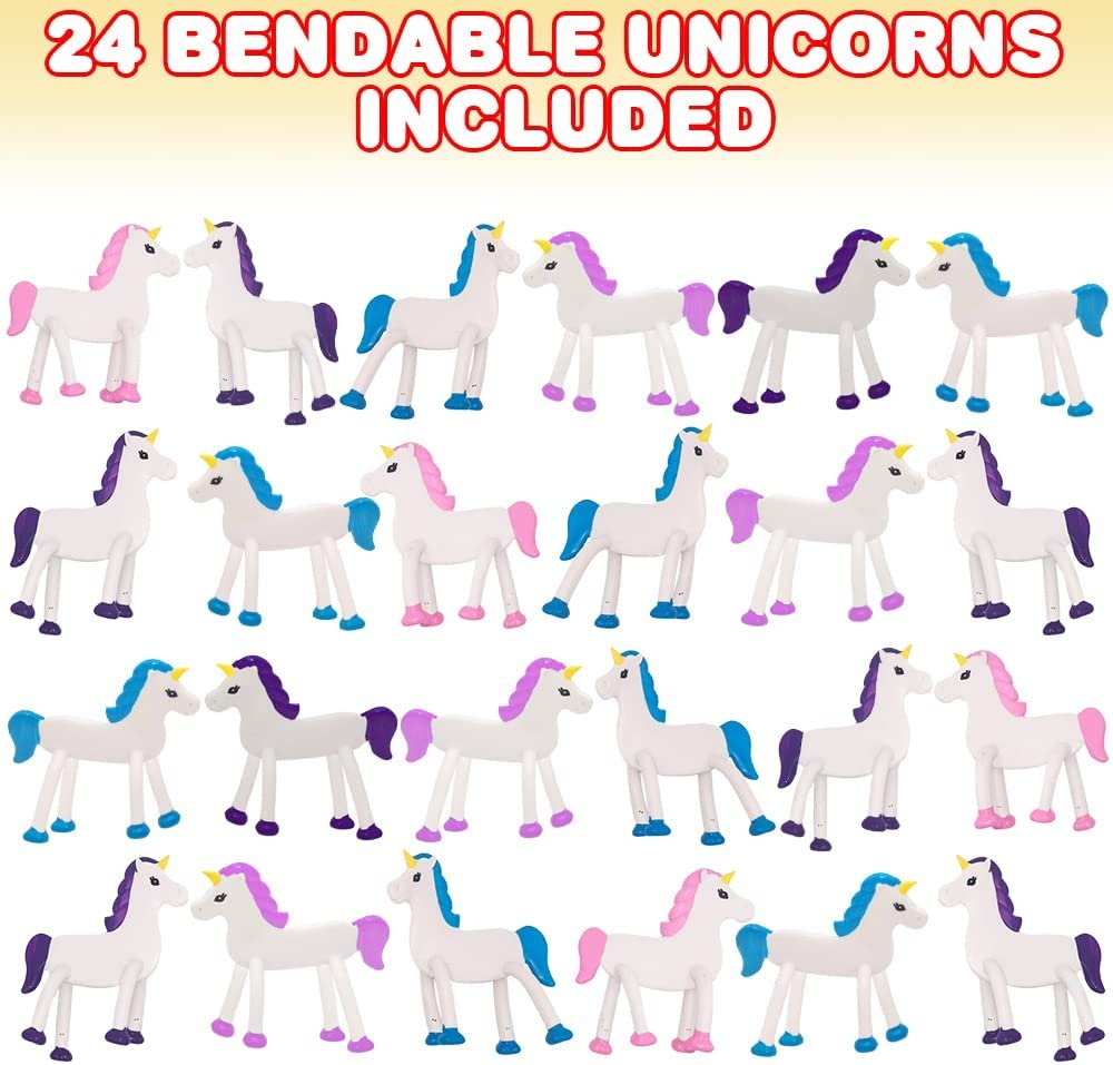 Bendable Unicorns, Set of 24, Flexible Unicorn Figurines, Stress Relief Fidget Toys, Piñata Fillers, Birthday Party Favors, Goodie Bag Stuffers for Kids